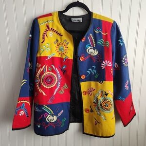 INDIGO MOON Colorful Artsy Lagenlook Embroidered Button Front Sweater Large